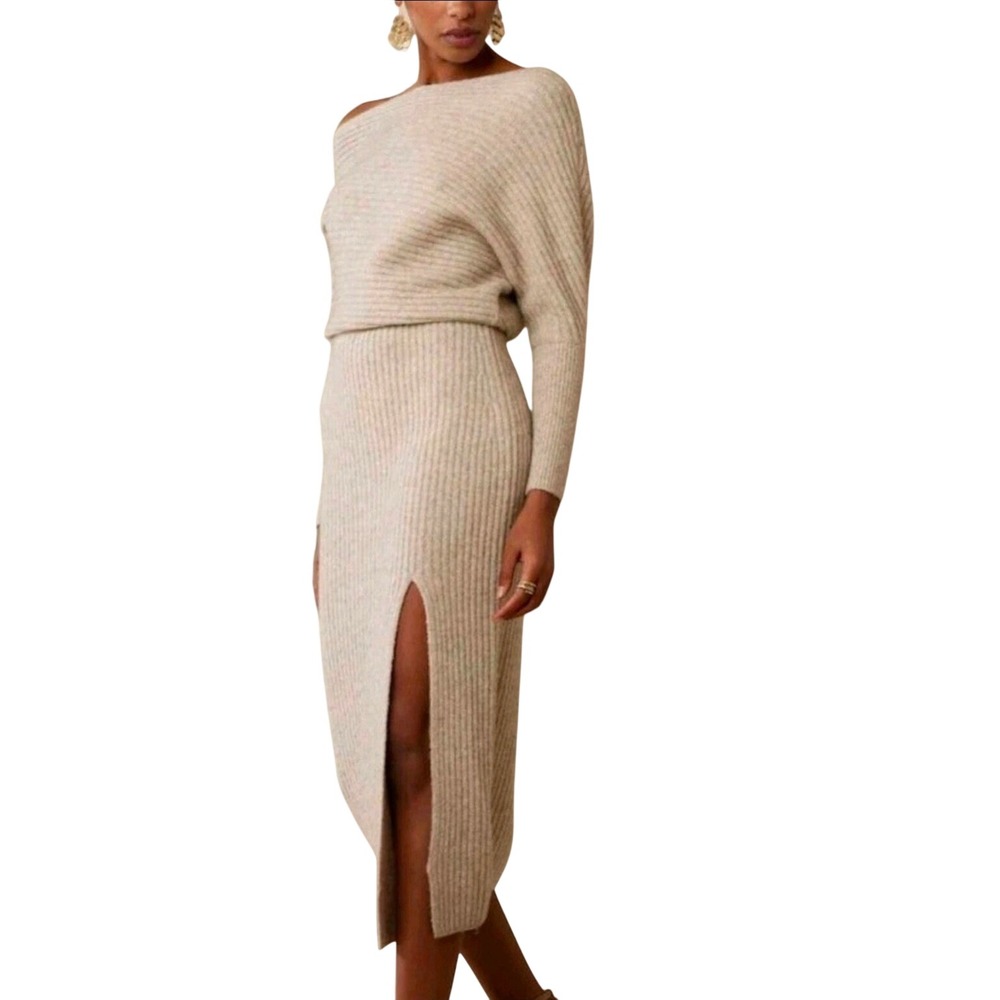Banana Republic Aurelia Ribbed Off-the-Shoulder Maxi Sweater Dress Oatmeal Large
